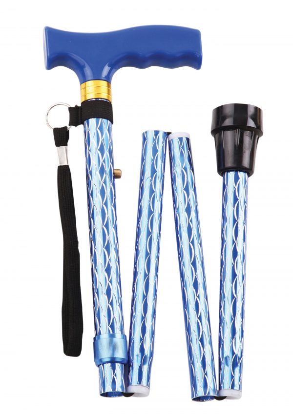 Extendable Plastic Handled Walking Stick with Engraved Pattern Blue